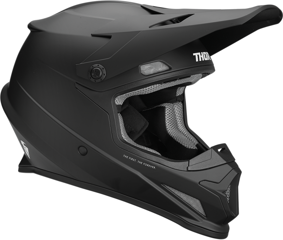 The Thor Sector Helmet - Blackout is a matte black full-face helmet with visor and mesh vents above the face opening, DOT certified for off-road riding.