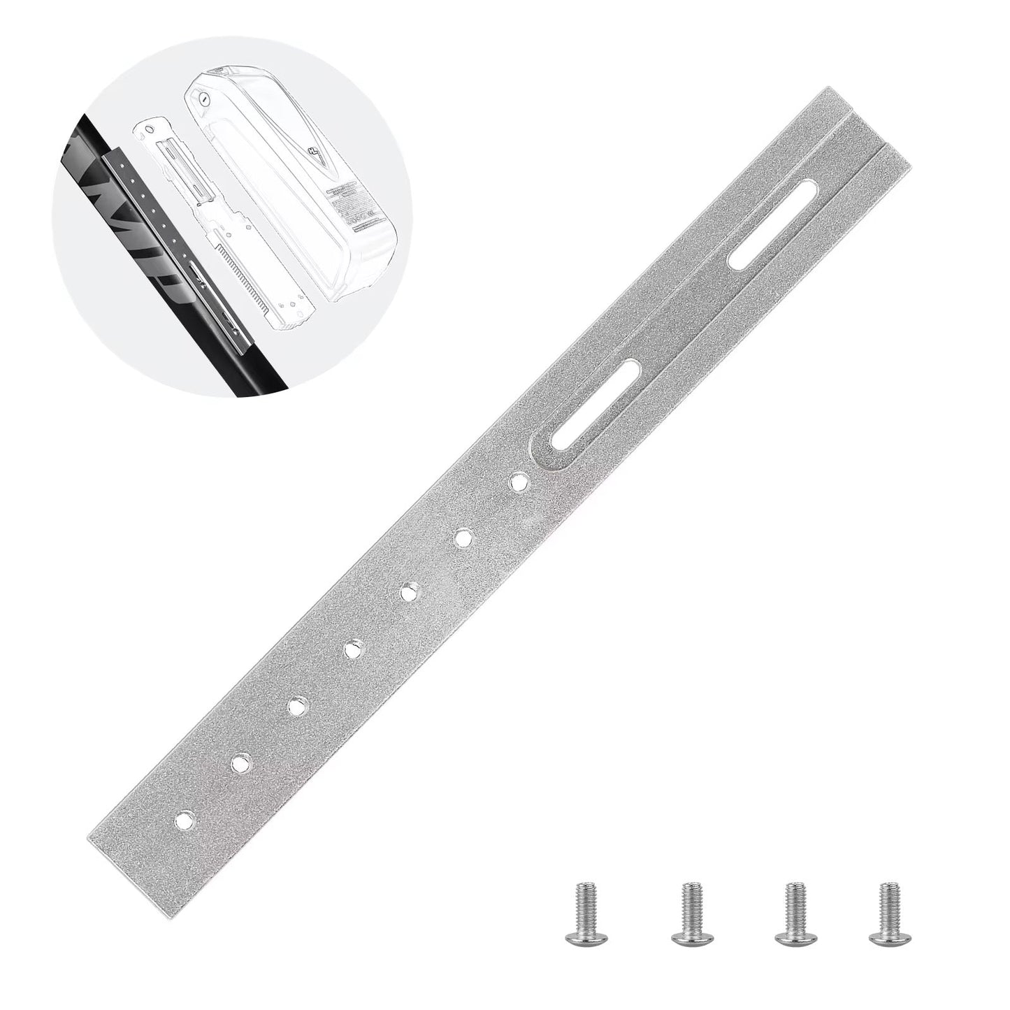 The ElectricAllWheel Universal E-Bike Battery Mount Adapter Rail (Slotted, 266mm) is shown here: a metal bracket with multiple holes, a slotted section, and four included screws below, making it ideal for use as a universal e-bike battery mount or downtube rail. Installation details are provided in the diagram at the corner.