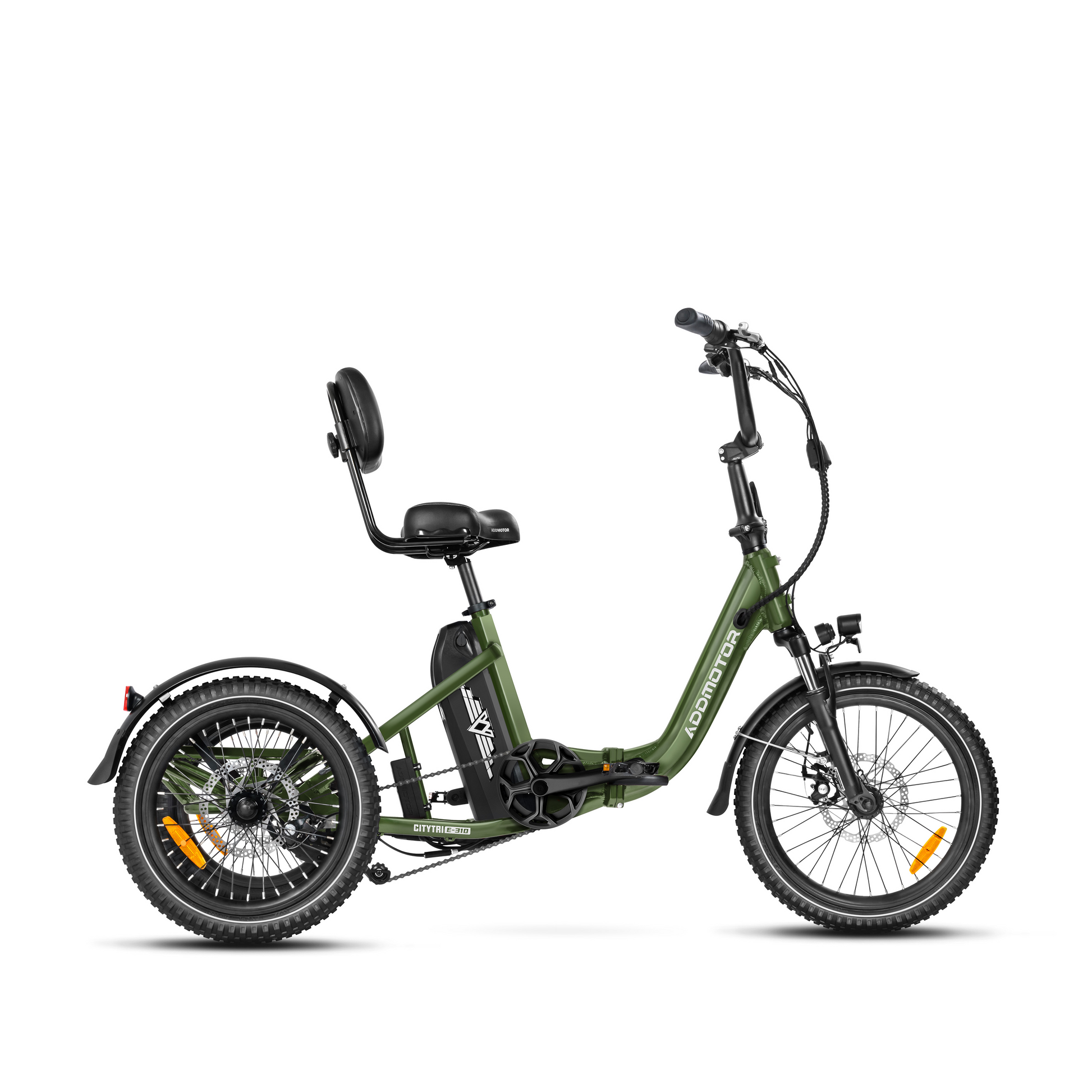 The Addmotor - CitiTri E-310, in green, blends a sleek design with practicality, showcasing a step-through frame, robust motor, dual rear wheels, a front wheel equipped with a disc brake, a rear storage rack, and adjustable seat and handlebars.