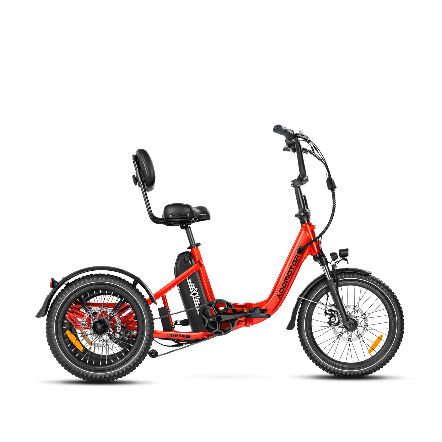 The Addmotor - CitiTri E-310 is a stylish red three-wheeled electric bike equipped with a powerful motor. It features a high-back seat, two rear wheels, a basket, and a front light, all showcased from the side view.