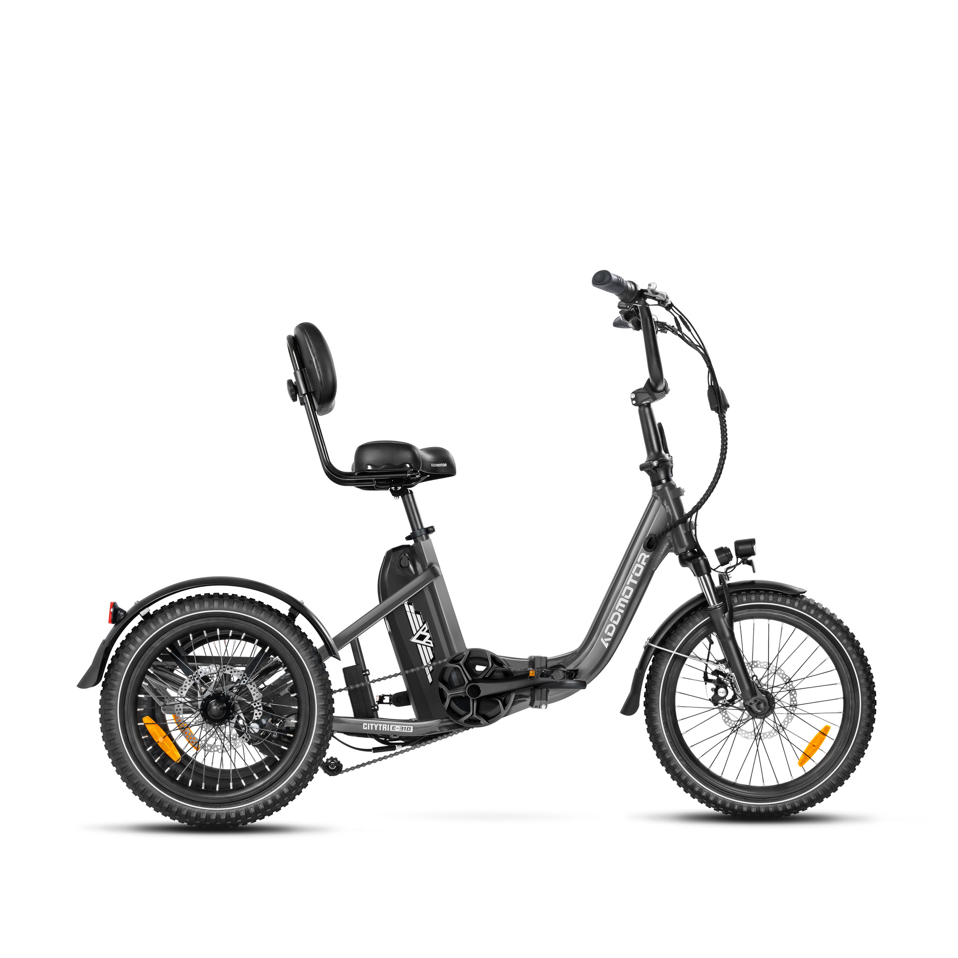 The Addmotor CitiTri E-310 is a folding electric trike with a sleek black frame, featuring large rear wheels, a cushioned seat, backrest, and handlebar. Its powerful motor ensures easy riding and accessibility for all users.