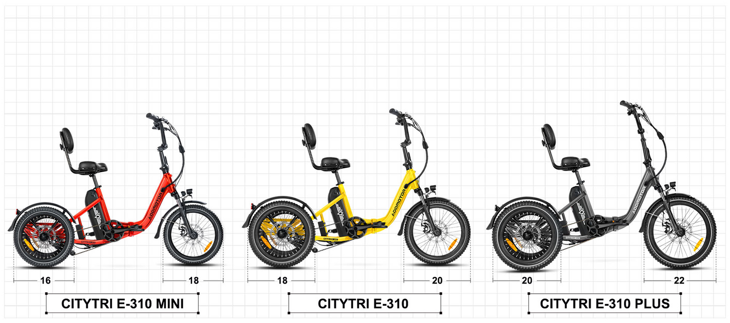 Three Addmotor electric tricycles with a sleek design are showcased side-by-side against a grid background: the CitiTri E-310 Mini in red, the CitiTri E-310 in yellow, and the CitiTri E-310 Plus in black. Each tricycle is equipped with a powerful motor.