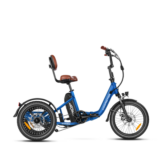 An Addmotor - E310 CityTri folding electric trike in a stylish blue color with excellent maneuverability.