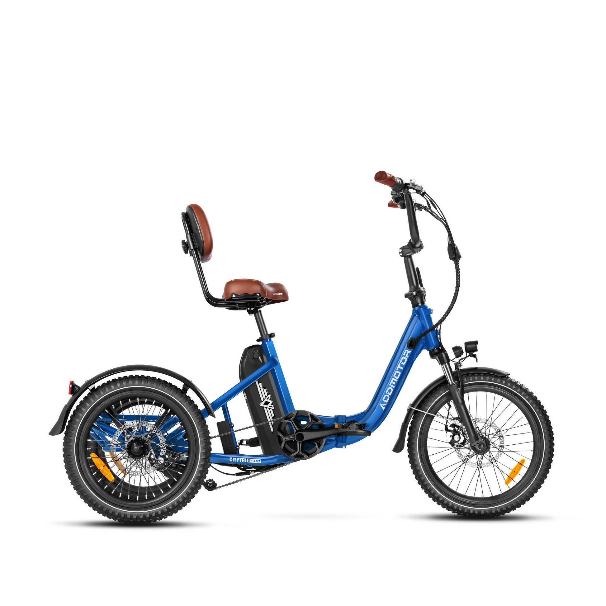 Introducing the Addmotor - CitiTri E-310, a sleek blue electric tricycle featuring a powerful motor. It comes with a brown seat and backrest and is equipped with both front and rear lights. Designed by Addmotor, its sturdy frame and three-wheel design provide stability and comfort on every ride.