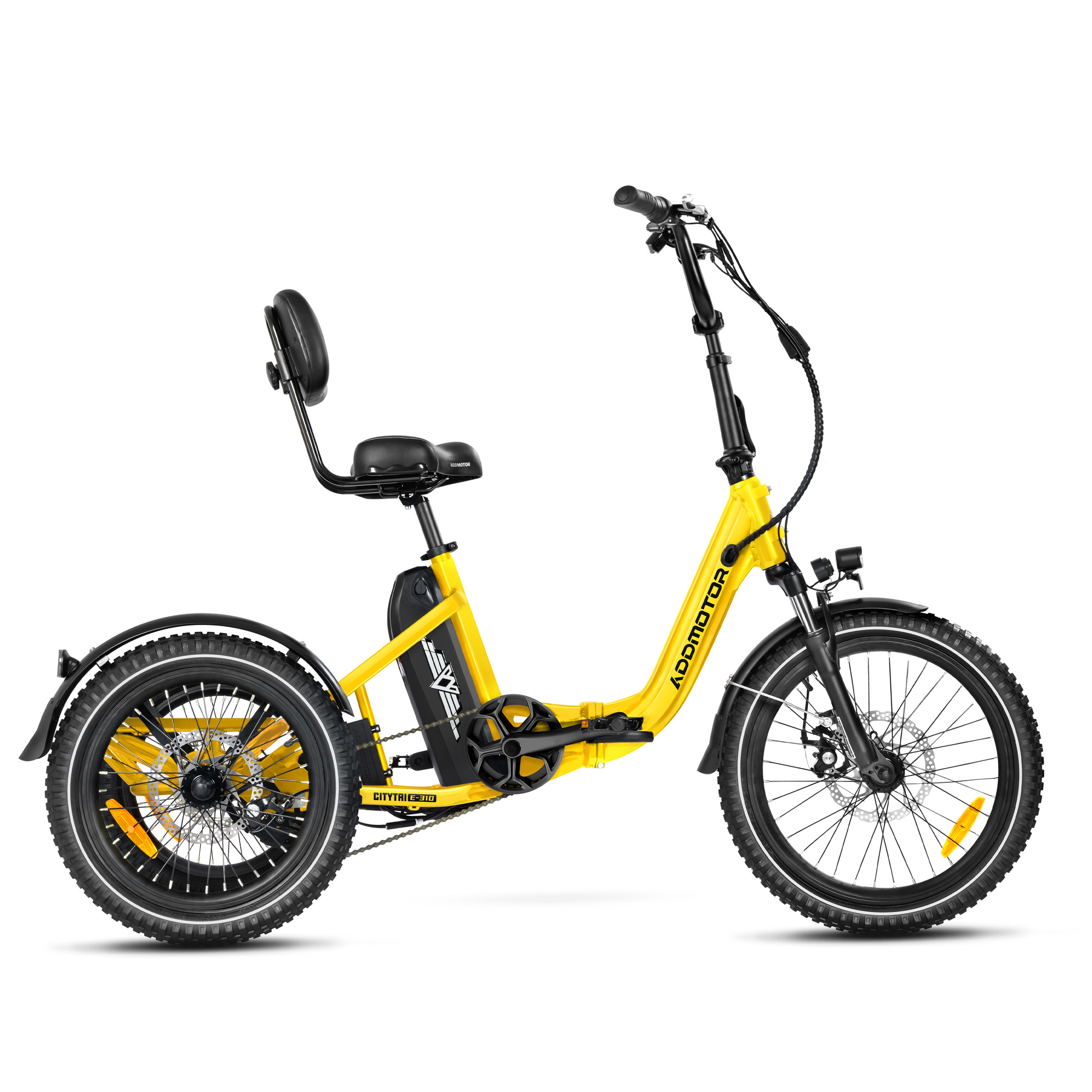 The Addmotor CitiTri E-310 is a striking folding electric trike in bright yellow, showcasing a sleek design with thick tires, a comfortable seat complete with back support, and equipped with a front headlight.