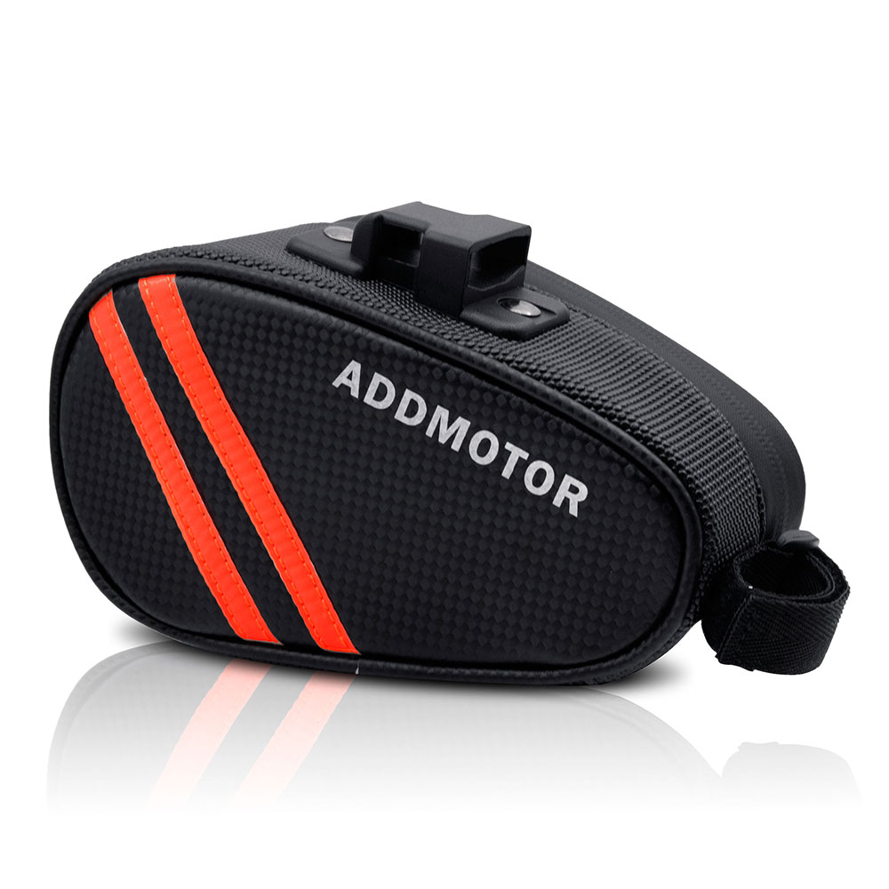 A black and orange Quick Release bike bag with the word Addmotor on it.