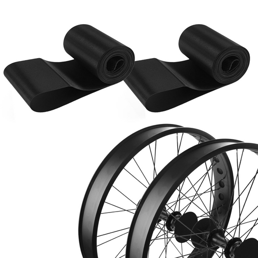 A pair of black Addmotor bicycle wheels and an Addmotor rim strip.