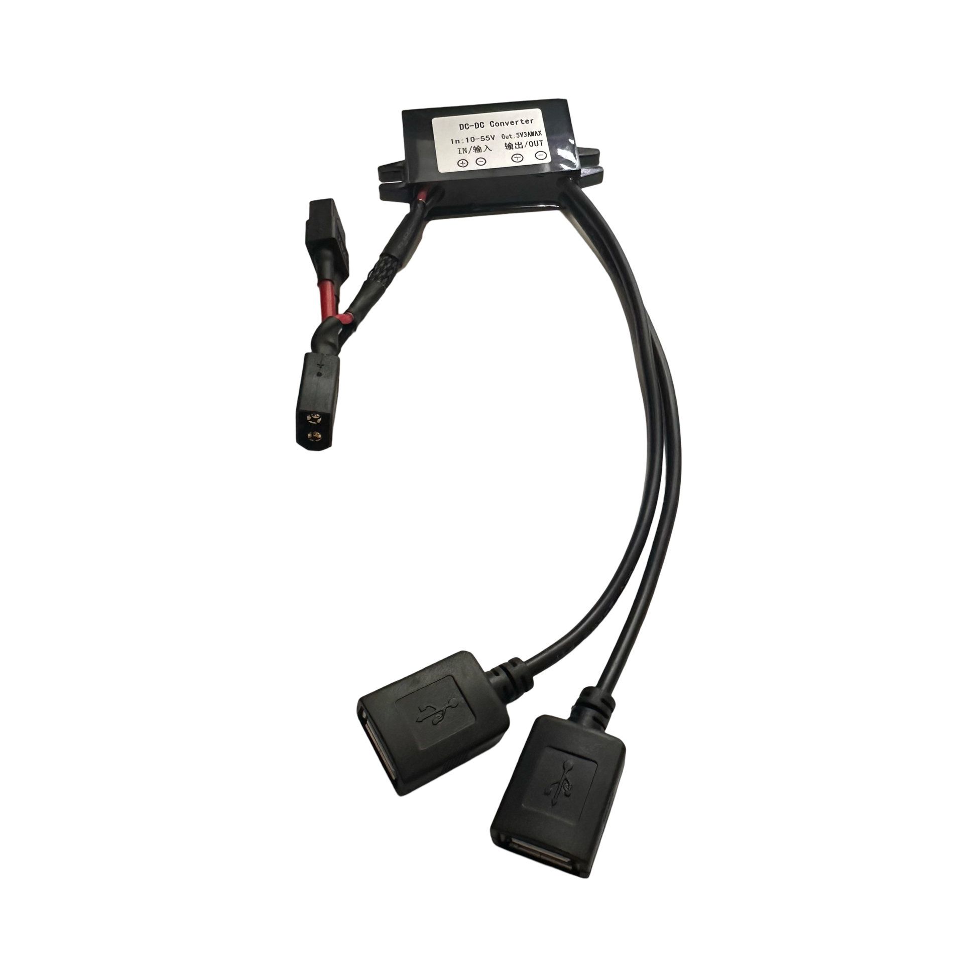 The ElectricAllWheel USB Accessory Adapter (DC-DC Converter, 10-55V to 5V 3A max) features two USB ports, an XT60 connector, and power input cables; shown on a white background.