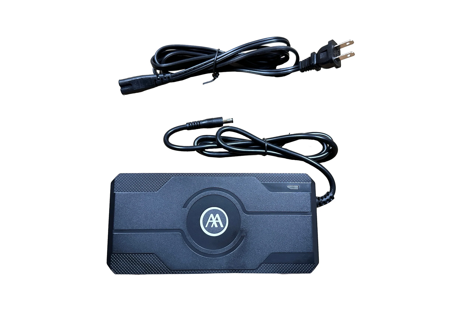 AIMA Charger: A rectangular black 54V eBike charger with attached cord, plus separate two-prong power cable, both on a white background.