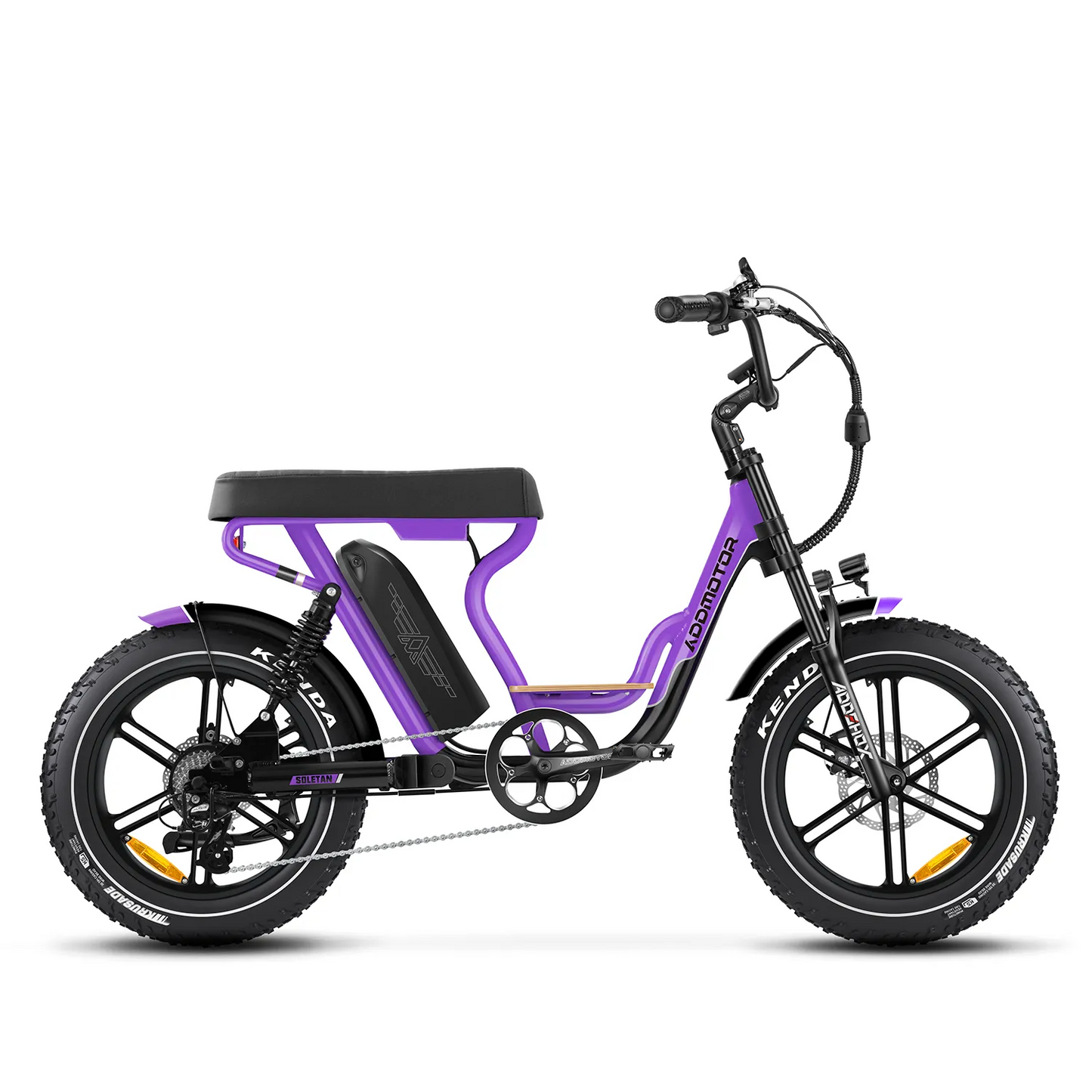 The Addmotor Soletan M66X is a purple moped-style electric bike with thick tires, a long seat, front and rear suspension, and disc brakes, shown in profile against a white background.