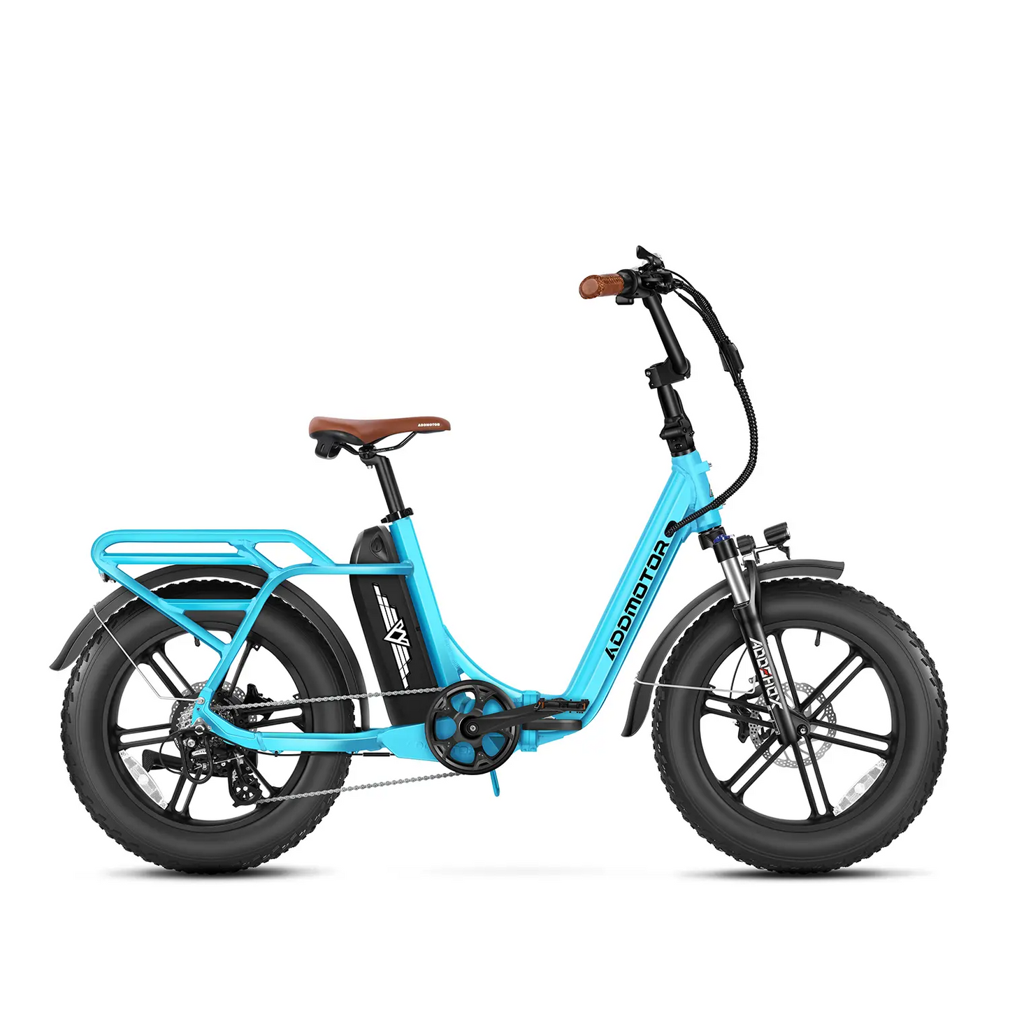 The Addmotor Foldtan M-120, shown in profile against a white background, is a blue fat tire ebike featuring a 750W motor, wide tires, brown saddle and handlebars, rear cargo rack, and front suspension fork.
