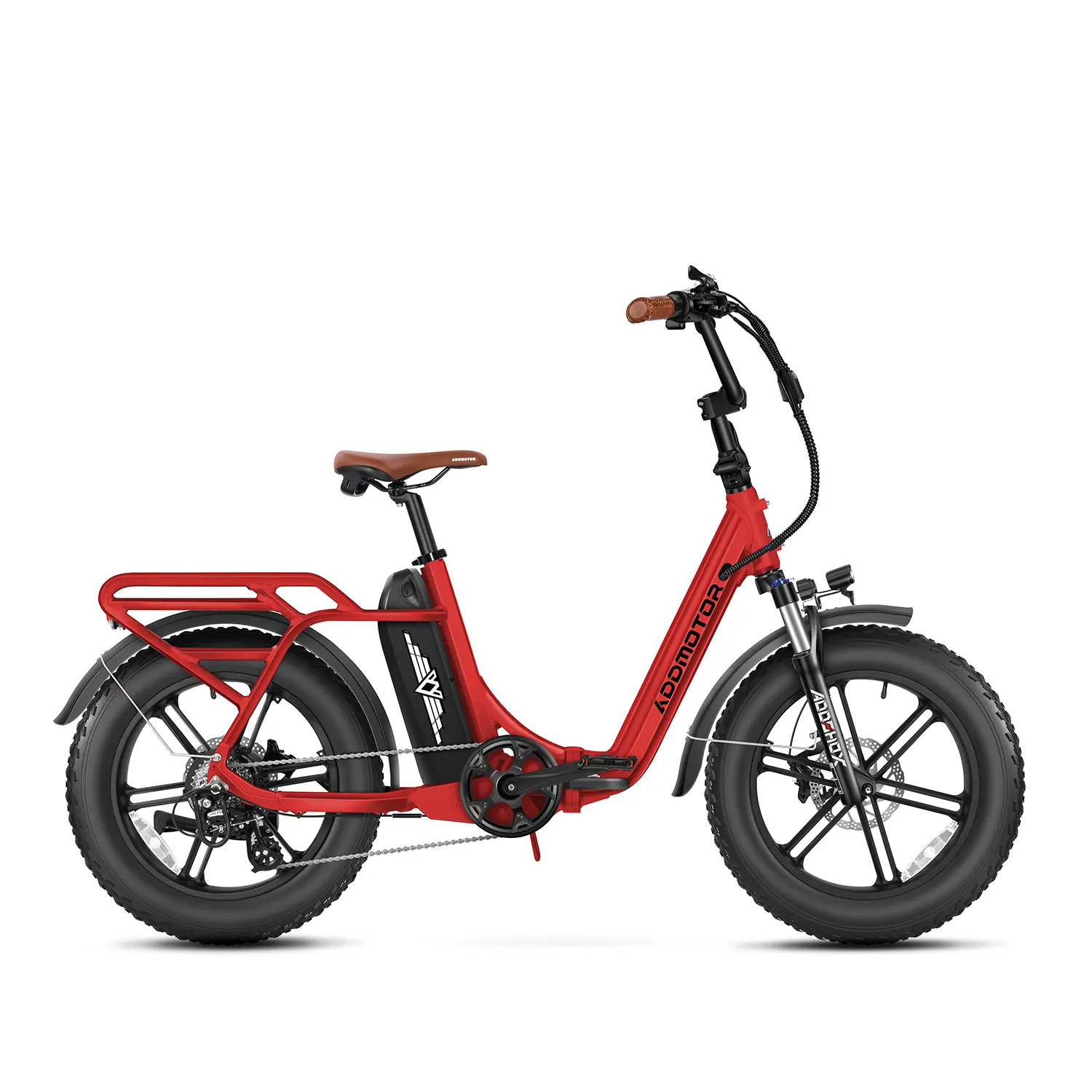 The Addmotor Foldtan M-120, a red fat tire ebike by Addmotor, features a 750W motor, rear cargo rack, front suspension, brown saddle, and upright handlebars, shown in profile against a white background.