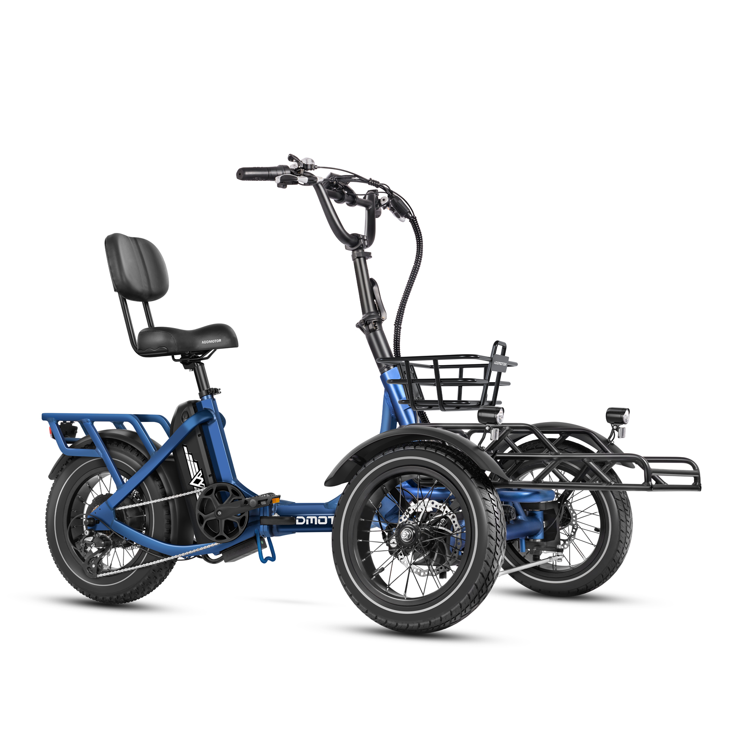 Addmotor - SPYTAN electric cargo trike with large rear basket and blue frame, displayed from the side on a white background, features mid-axis torque sensing.