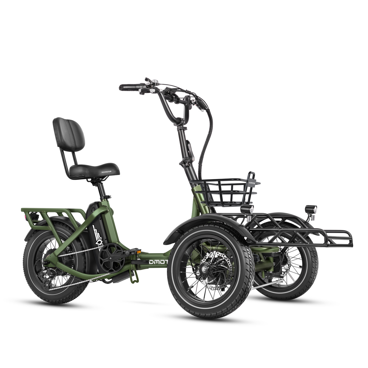 A dark green Addmotor SPYTAN electric cargo bike with a long seat and baskets on the front and rear, positioned on a plain white background.
