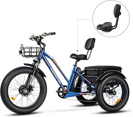 The blue Addmotor Electric Tricycle offers a rear cargo area and thick tires, complemented by an ergonomic design that includes the ADDMOTOR Extra Wide Bike Seat with Backrest for ultimate comfort.