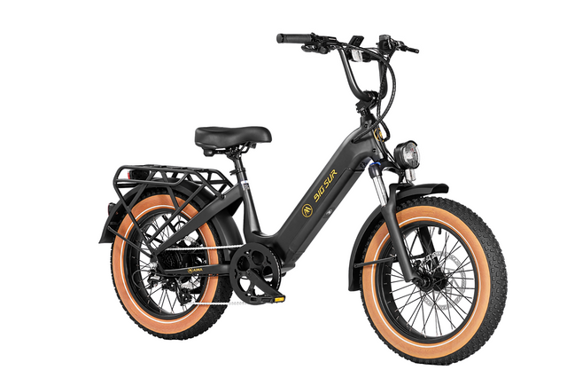 A powerful AIMA motor propels the AIMA - Big Sur Sport e-bike, a black and tan electric bike, featuring fat tires, against a clean white background.