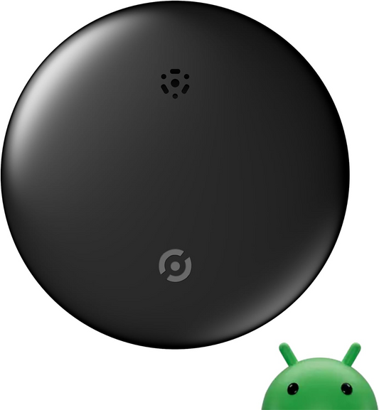 A round black Tampa Bay eBikes Bike Tracker for Android with two small logos sits above the partially visible head of a green Android mascot on a white background.