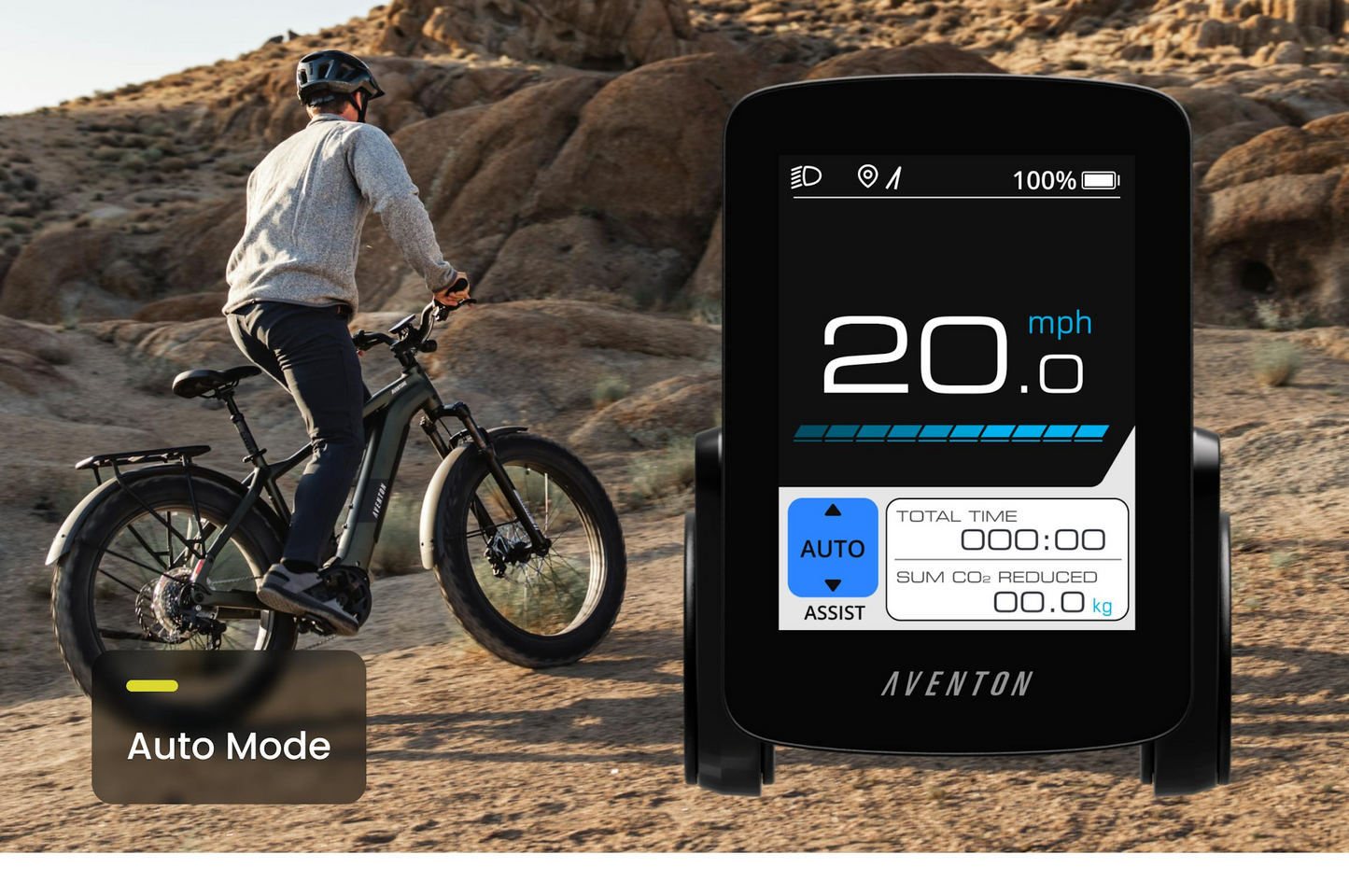 A rider navigates a rocky trail on the Aventon Aventure M by Tampa Bay eBikes; the display close-up shows 20 mph, "Auto Mode," assist settings, and highlights its high-torque performance.