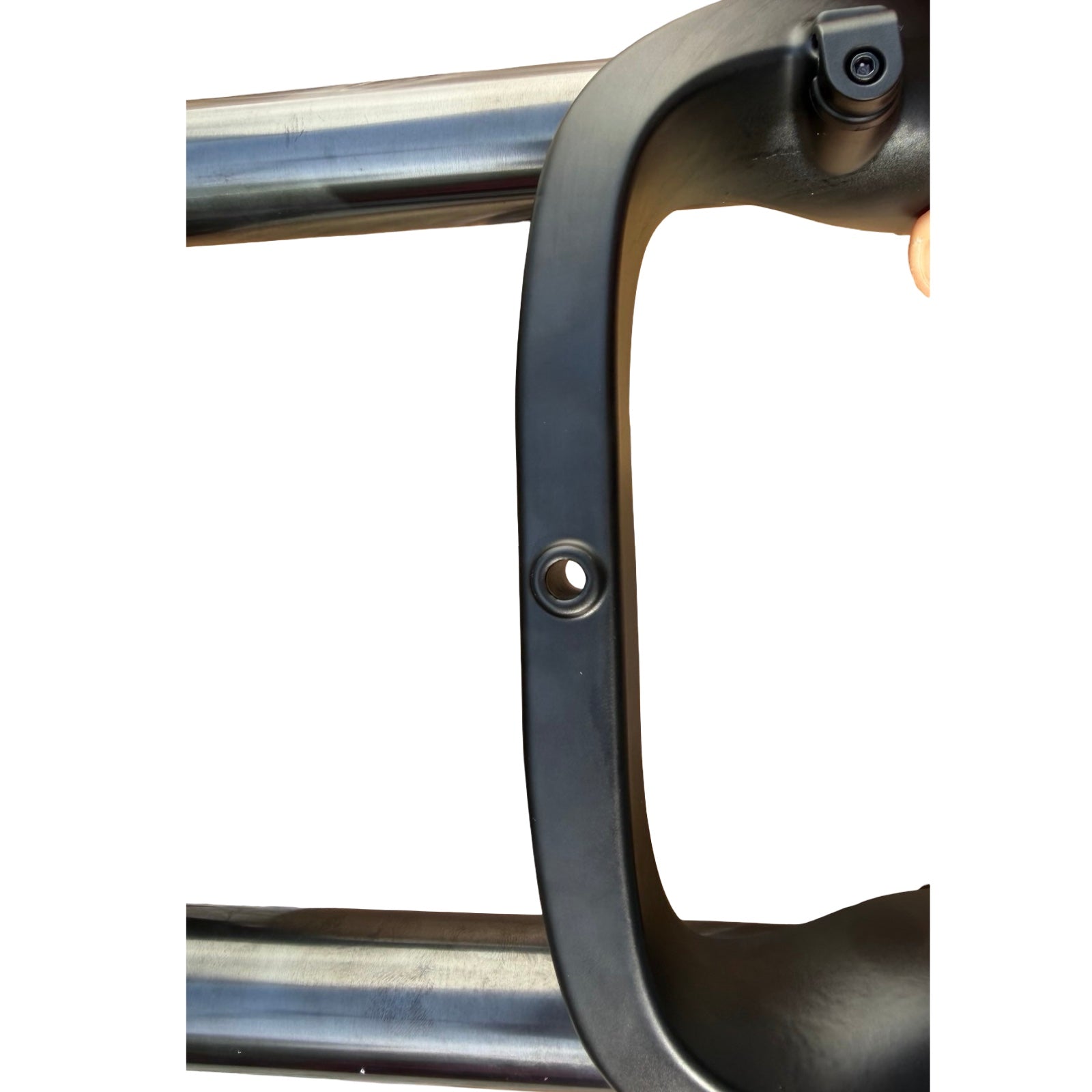 Close-up of the ElectricAllWheel RST Guide Dual Crown Fork (26” Fat Tire) with central threaded hole, paired with a Motorcycle Style LED Headlight Kit (12V, 2-pin Julet), ideal for fat tire e-bikes—shown on a white background.