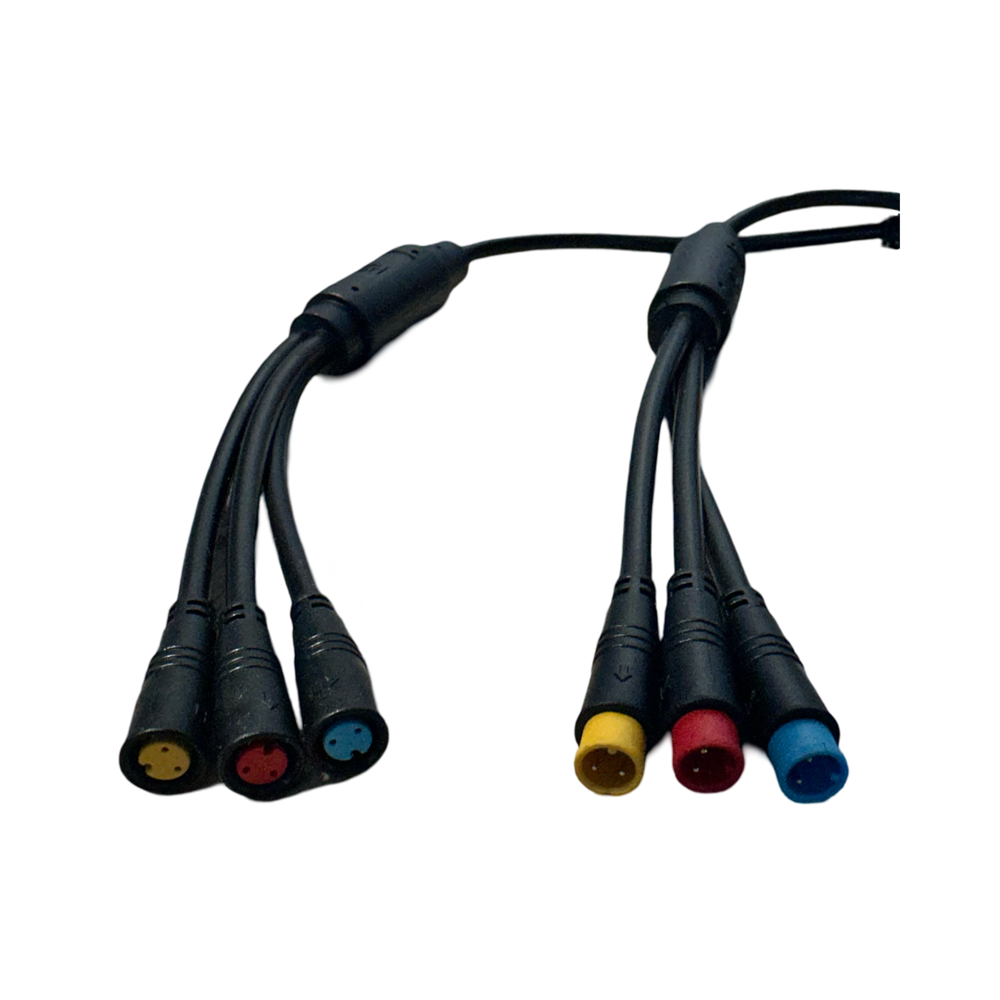 The ElectricAllWheel Universal Throttle Harness Kit features black cables with yellow, red, and blue round connectors (3-Pin Julet M/F, 3-pin mini J) on a white background, ideal for e-bike and PEV throttle replacements.