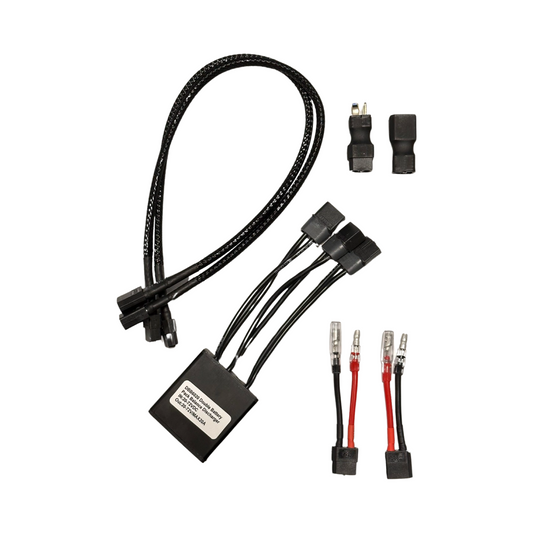 The ElectricAllWheel 20A Universal Dual Battery Balancer Kit (Bullet, T-plug, XT60) includes black cables with connectors, a control box, two adapters, and four red/black wire connectors for your electric bike’s second battery setup.