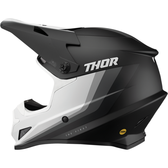 Side view of the Thor Sector Helmet - Runner MIPS in black/white, showing "THOR" branding and a front visor.