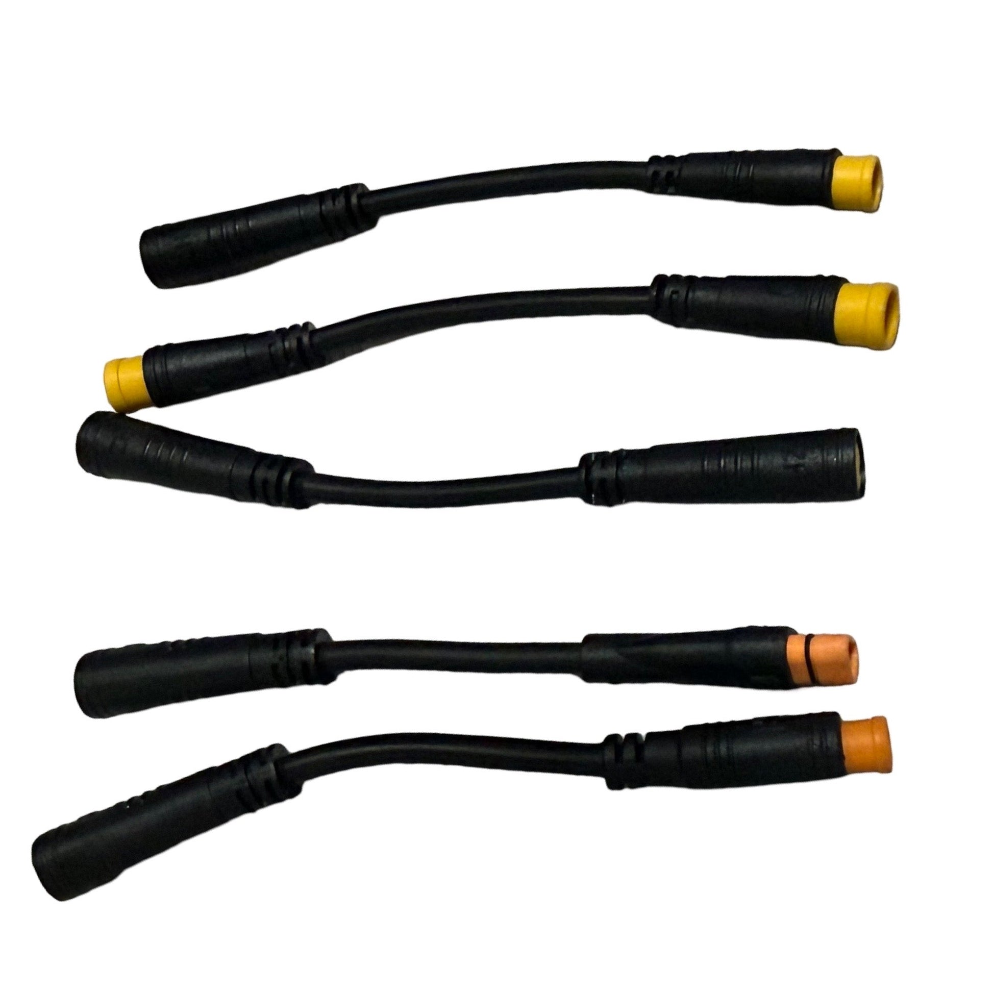 Four black ElectricAllWheel Universal Throttle Harness (3-Pin) cables with yellow and orange Julet connectors are arranged parallel to each other on a white background—ideal for universal e-bike throttle installation or throttle replacement.