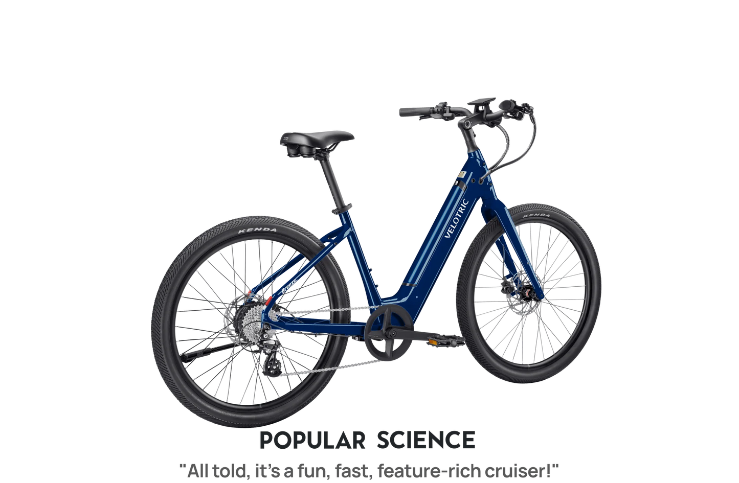 The Velotric Breeze, a blue urban eBike by Velotric, features a step-through frame, 750W motor, disc brakes, and rear derailleur against a plain background. Text below: “POPULAR SCIENCE: All told, it’s a fun, fast, feature-rich cruiser!”.