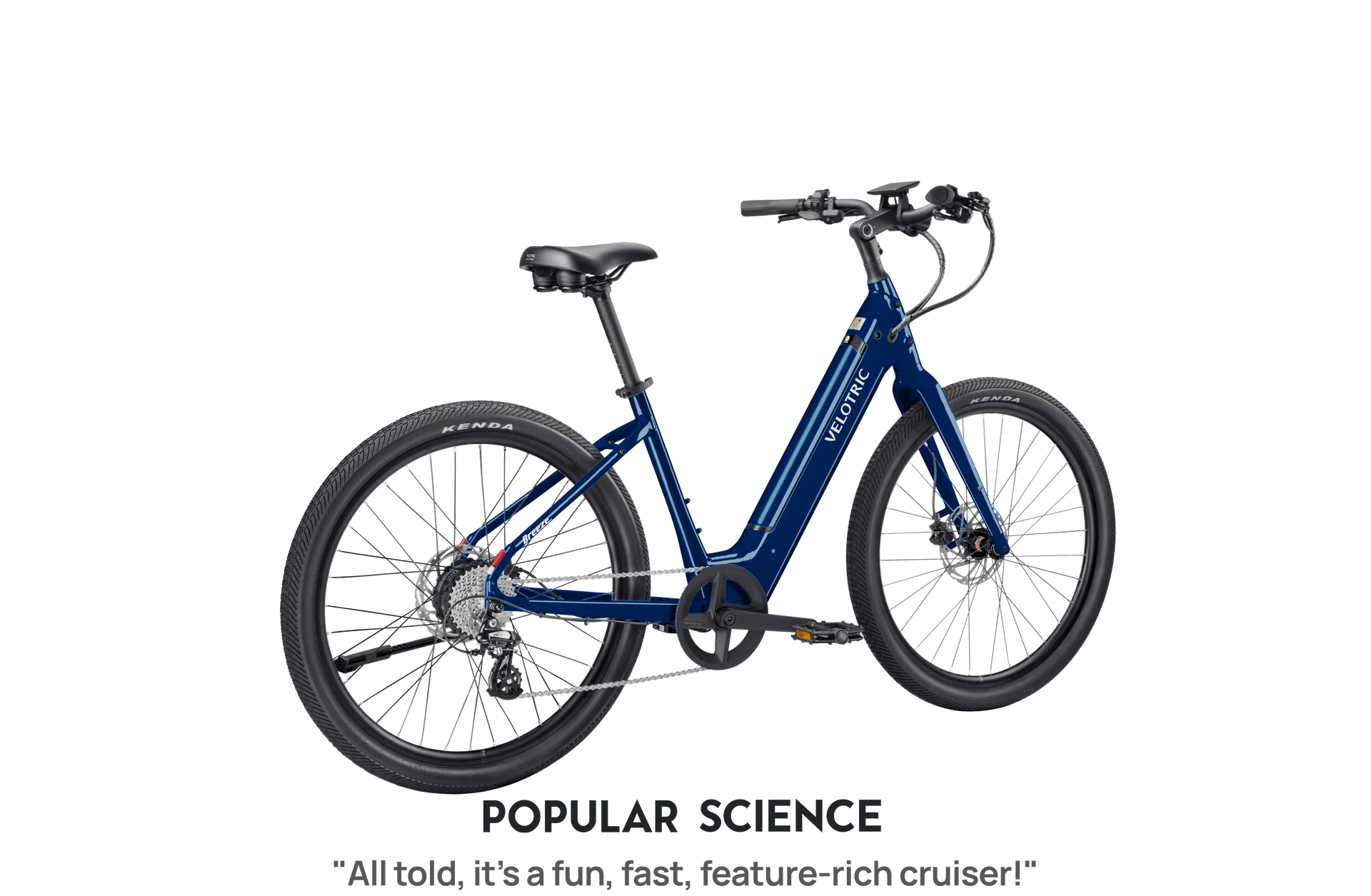 The Velotric Breeze, a blue urban eBike by Velotric, features a step-through frame, 750W motor, disc brakes, and rear derailleur against a plain background. Text below: “POPULAR SCIENCE: All told, it’s a fun, fast, feature-rich cruiser!”.
