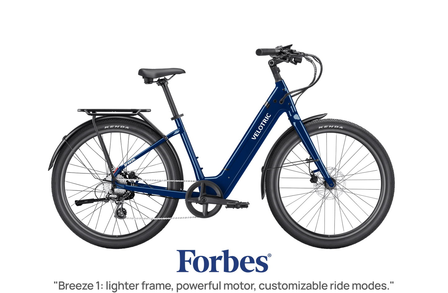 A blue Velotric Breeze urban eBike with a step-through frame, rear rack, and thick tires is shown on a white background above a Forbes quote, highlighting the powerful performance of this Velotric model.