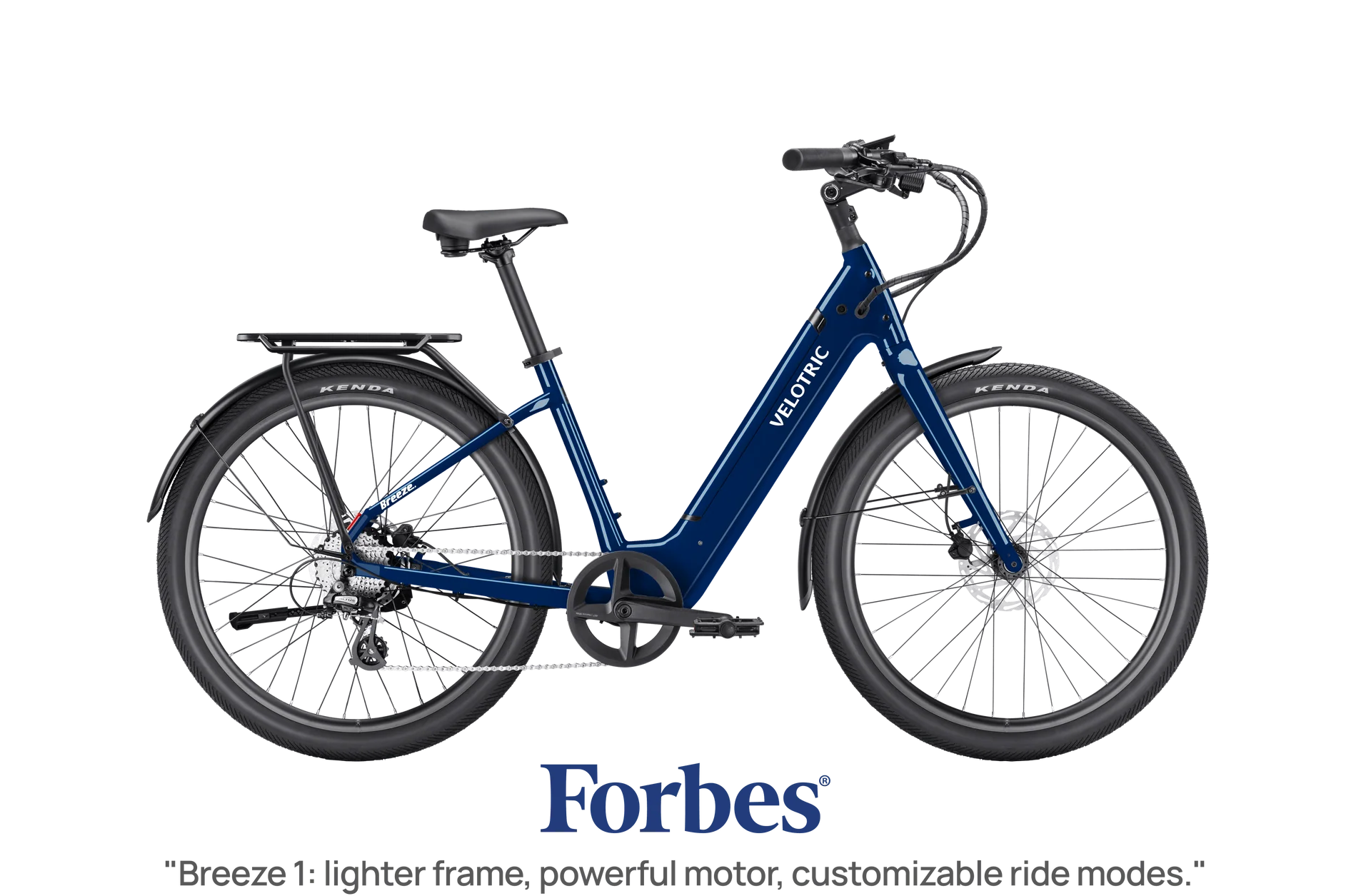 A blue Velotric Breeze urban eBike with a step-through frame, rear rack, and thick tires is shown on a white background above a Forbes quote, highlighting the powerful performance of this Velotric model.