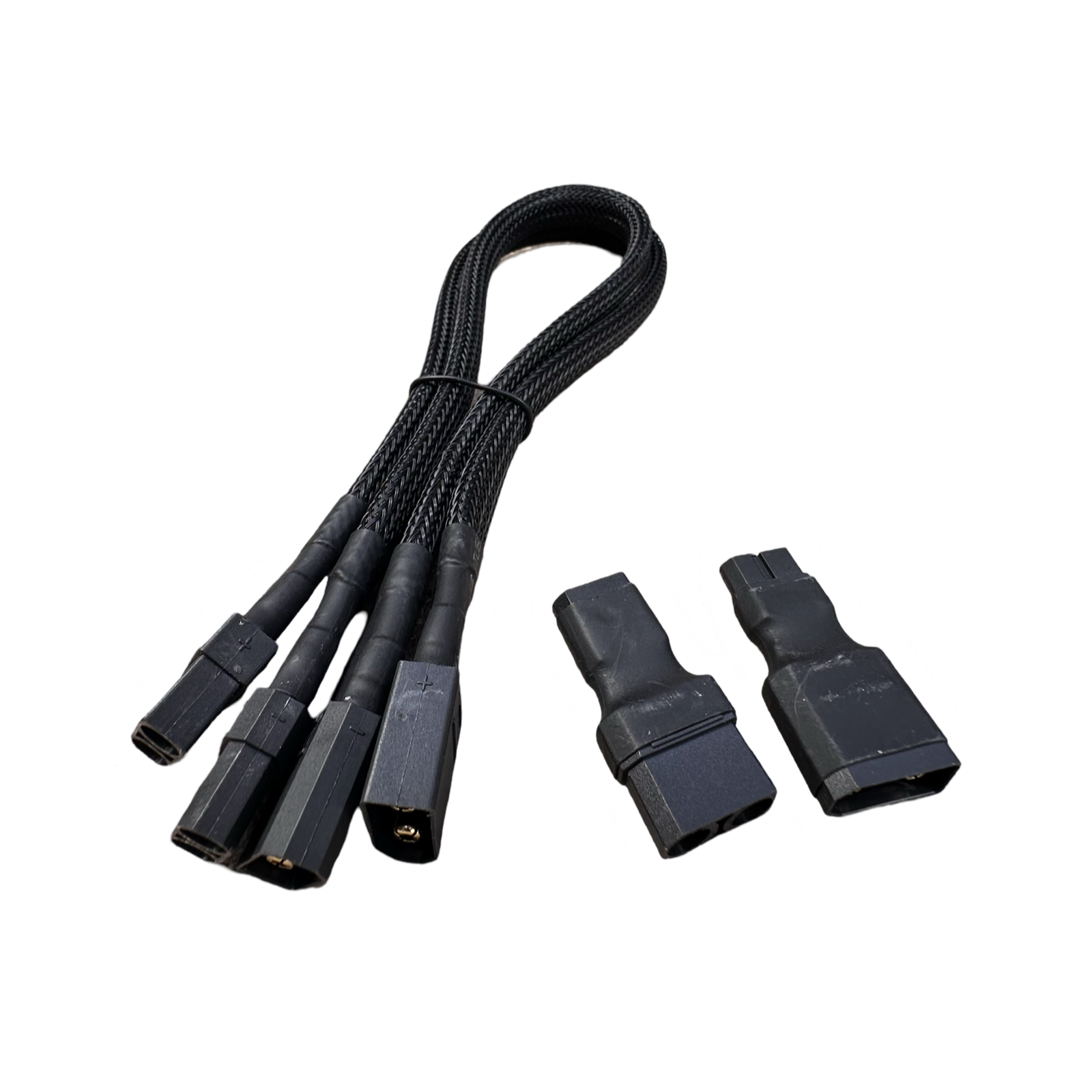 ElectricAllWheel Premier (10AWG) XT90 Extension Cables feature black braided silicone wires with three splitter connectors and include XT60-XT90 adapters, all shown on a white background.