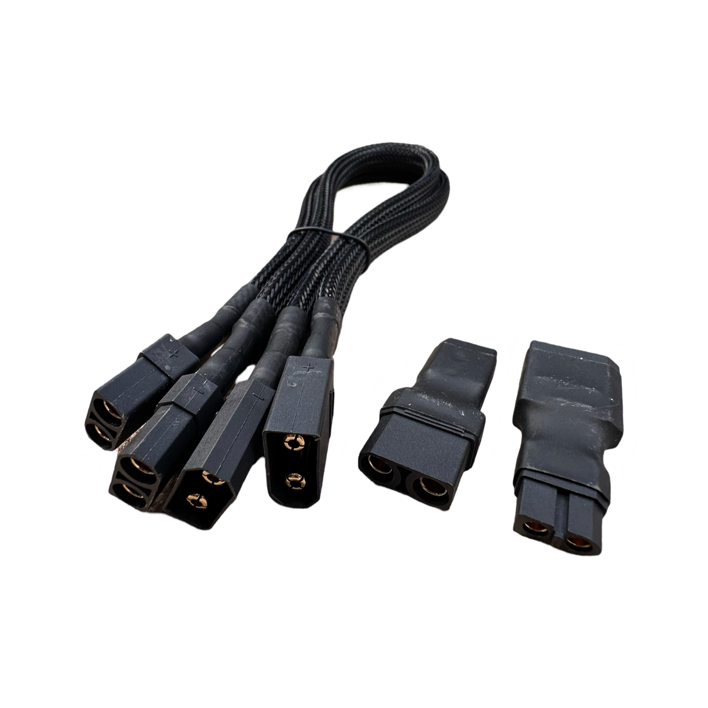 The ElectricAllWheel Premier (10AWG) XT90 Extension Cables feature black sleeved silicone wire, five connectors on one end, and three black plastic connectors with included XT60-XT90 adapters, all shown on a white background.