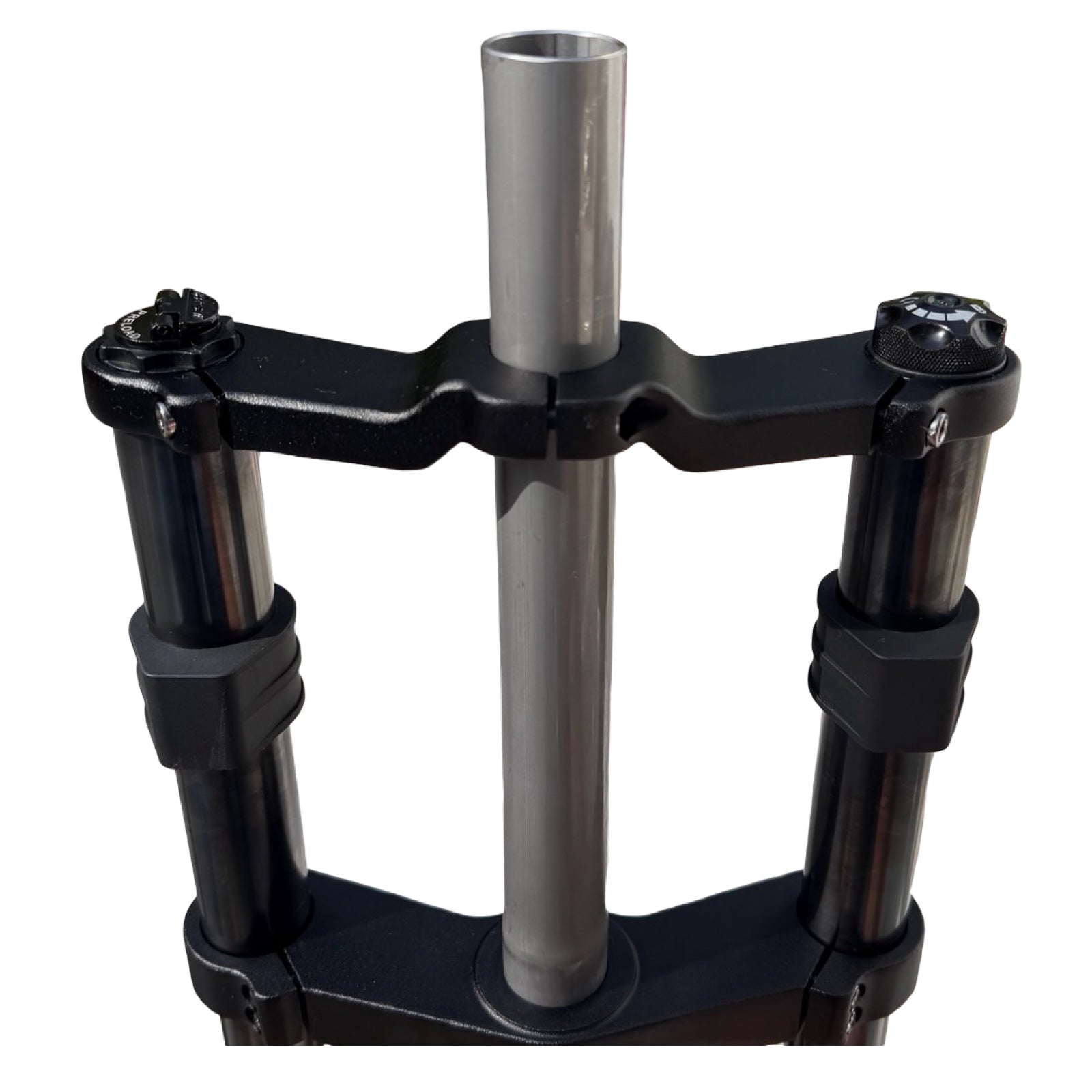 Close-up of ElectricAllWheel's RST Guide Dual Crown Fork (26” Fat Tire) with metal steerer tube, black stanchions, and included 12V motorcycle style LED headlight kit—ideal as a front-end upgrade for fat tire e-bikes.