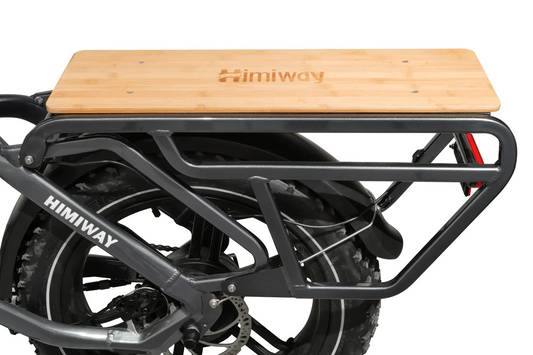 A black bike with a Himiway Rear Rack - Big Dog Extended Rack on the back.