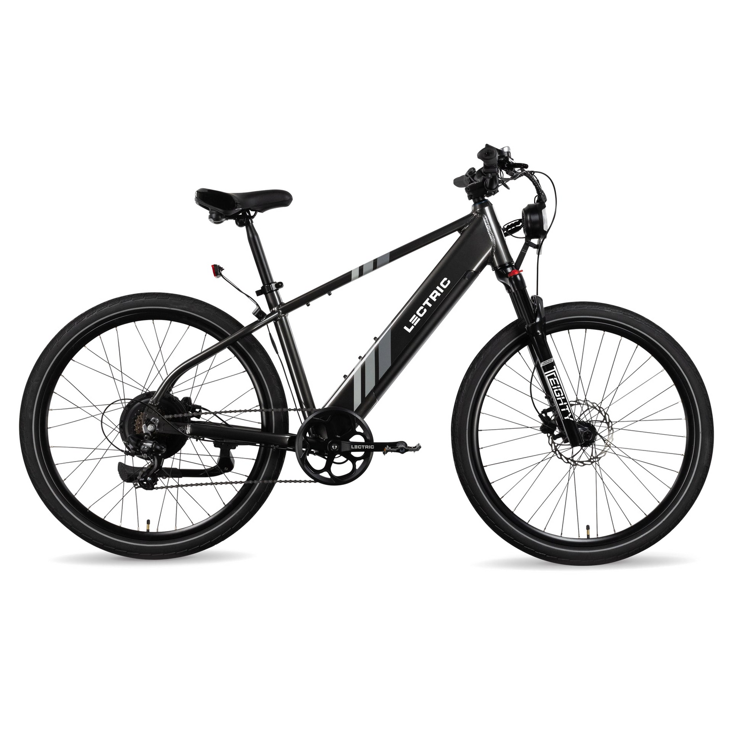 A Lectric XPress eBike, black in color, featuring a sleek frame, 750W motor, disc brakes, and front suspension fork, side view.