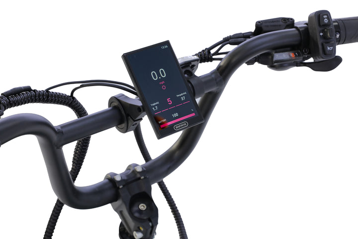 Close-up of the AIMA Big Sur Sport 2.0 handlebar with a digital display for speed, distance, and battery status, plus control buttons and wiring—ideal for this AIMA fat tire e-bike.