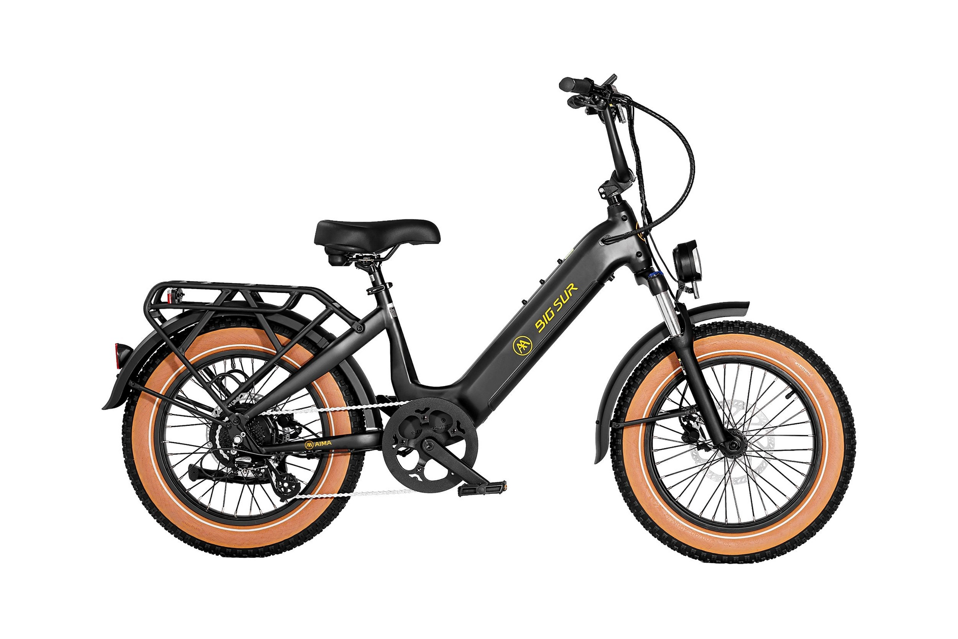 The AIMA - Big Sur Sport features a sleek black frame with vibrant orange fat tires and comes equipped with a sturdy rear cargo rack.