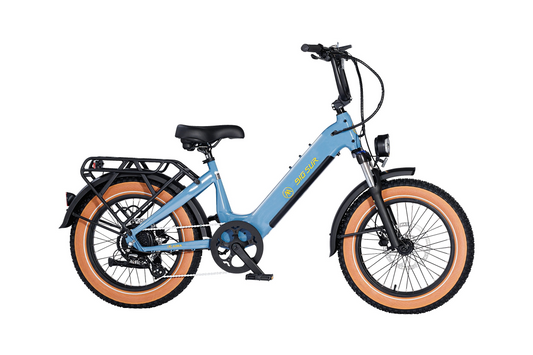 Introducing the AIMA - Big Sur Sport, a stylish blue eBike featuring tan tires, a convenient step-through frame, front suspension fork for enhanced comfort, a practical rear rack, and a central motor to ensure smooth rides.