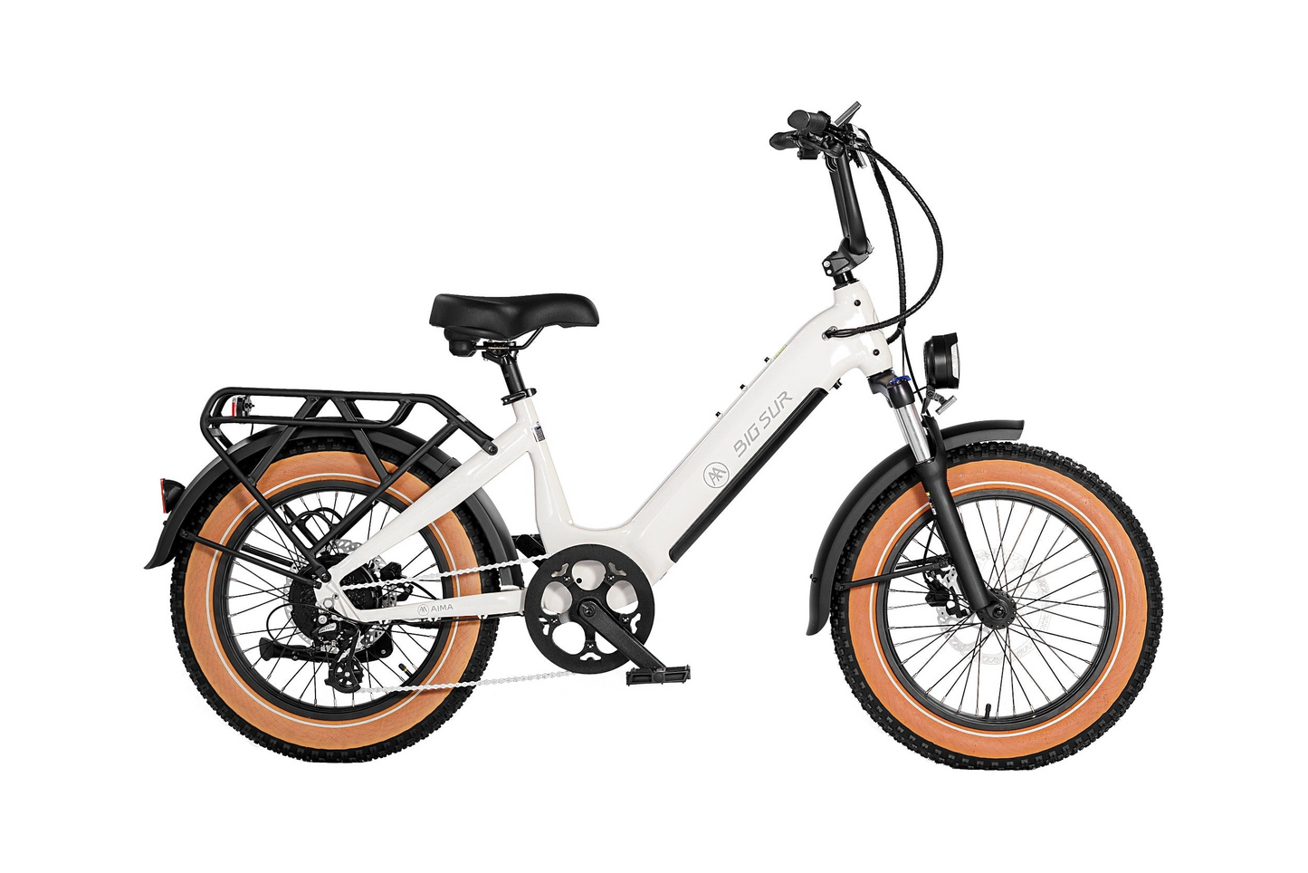 The AIMA - Big Sur Sport eBike features a sleek white frame complemented by an elegant black seat and eye-catching tan fat tires. It is equipped with a durable rear cargo rack and a front suspension fork, ideal for smooth rides.