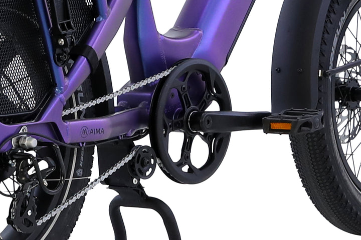 Close-up of the pedal, chain, and rear wheel area of the AIMA - Big Sur U Cargo electric bike by AIMA, highlighting its drivetrain components and part of the rugged frame.