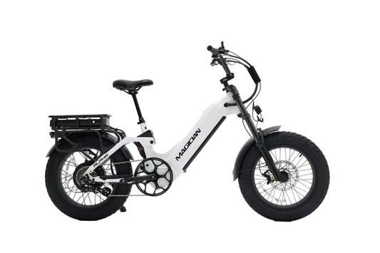 Magician Alpha Mini Electric Bike by Magician, featuring fat tires, a black saddle, rear rack, and a visible battery on the rear wheel—displayed on a plain white background for a versatile, stylish riding experience.