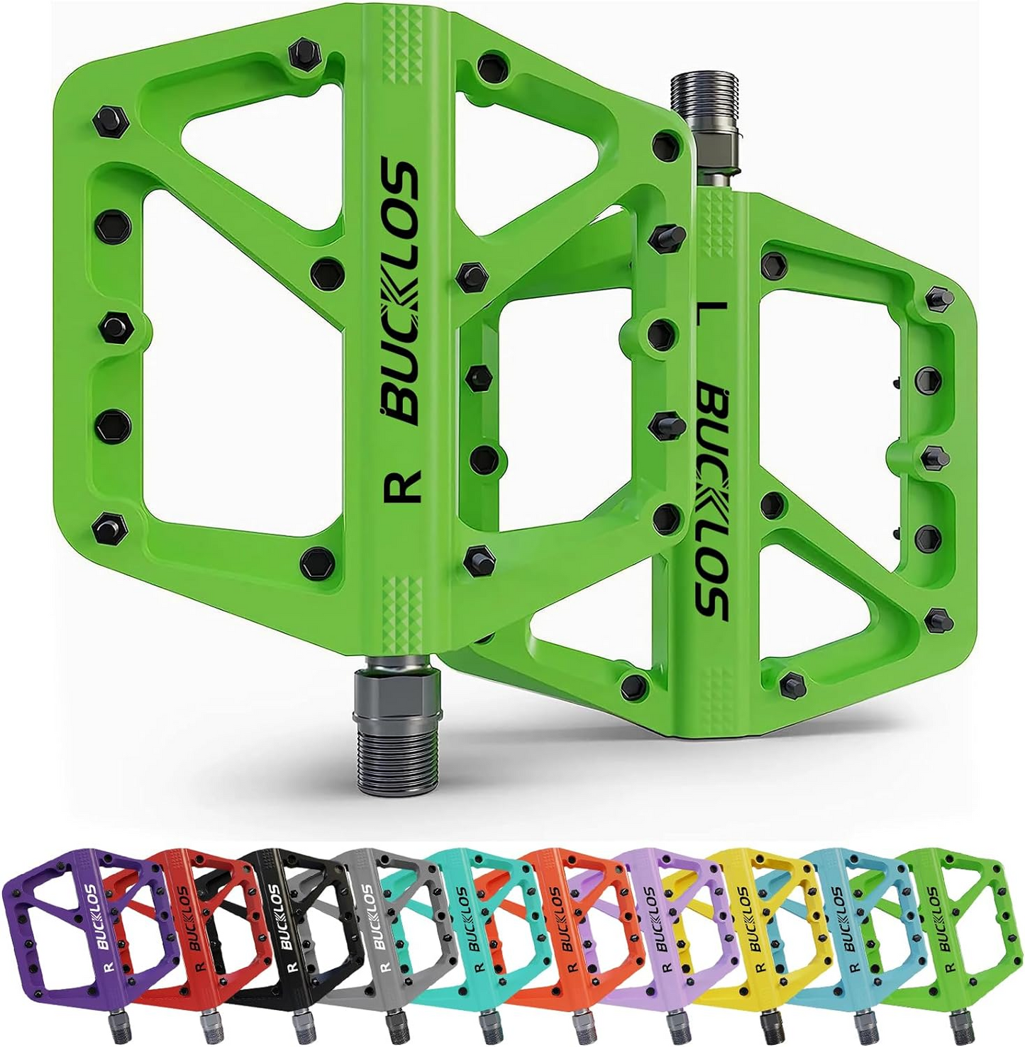 A green pair of Tampa Bay eBikes BUCKLOS bicycle pedals labeled "R" and "L" are available in eight additional color options, including red, purple, black, blue, orange, silver, yellow, and an iridescent variant. These cycling pedals feature an ergonomic design that ensures a strong grip.