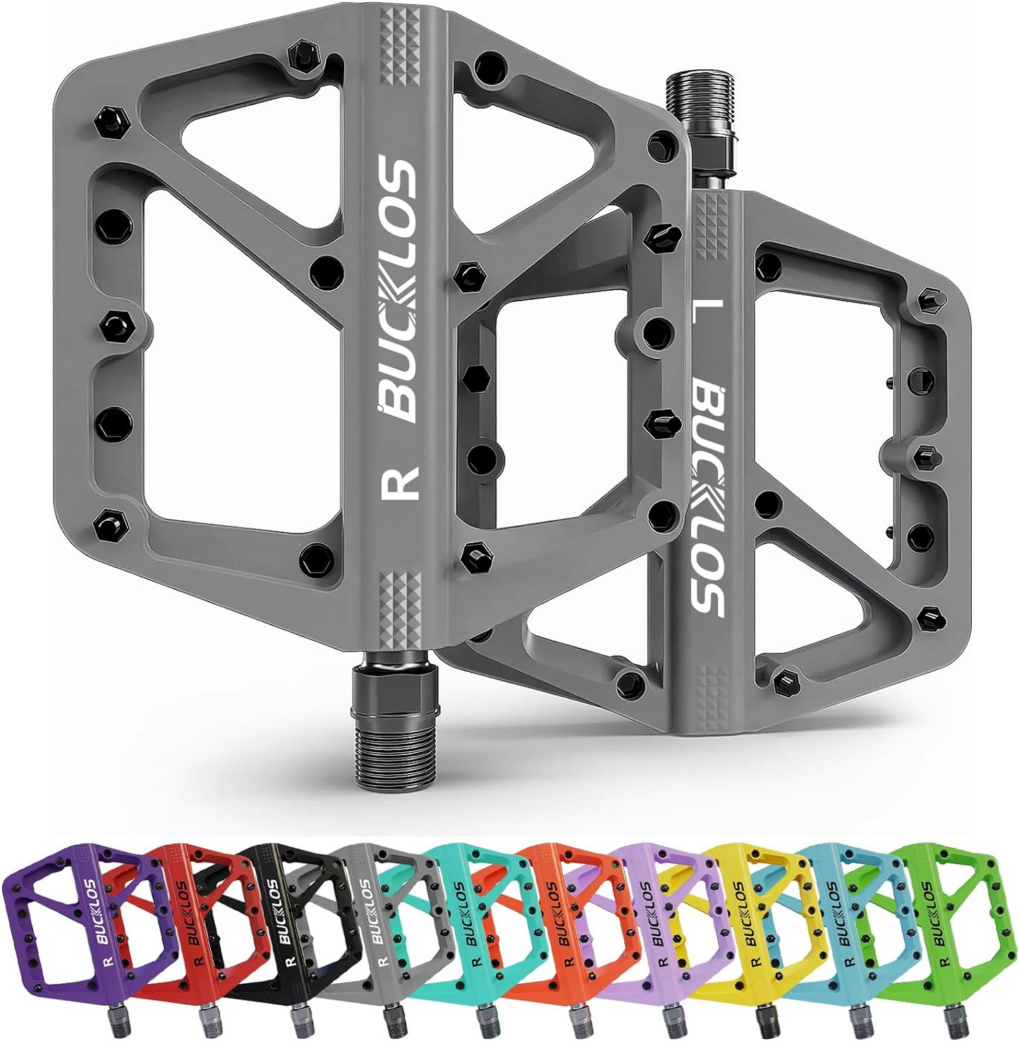 A pair of gray Pedals - Bucklos from Tampa Bay eBikes, marked with "R" and "L" for right and left, highlighting their ergonomic design above a row of vibrant pedals in colors such as red, purple, blue, black, green, orange, and yellow.