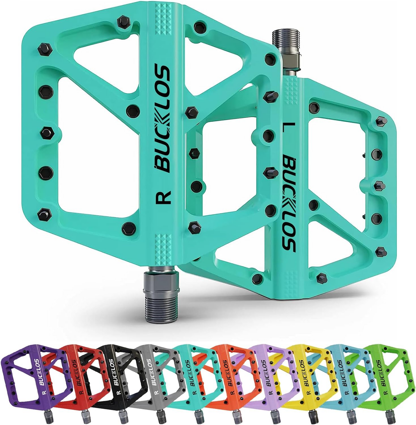 Image of Tampa Bay eBikes' Bucklos pedals available in green, purple, red, black, blue, yellow, and orange. The ergonomic design includes multiple holes for a strong grip and each pedal is marked with "R" for right and "L" for left.