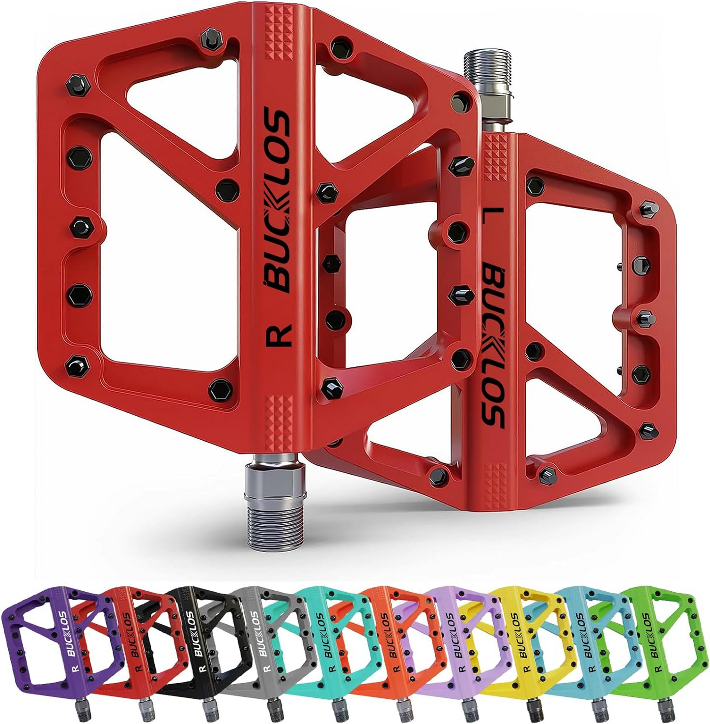 Image of Tampa Bay eBikes' Bucklos cycling pedals in various colors, primarily showcasing a red pair labeled with "R" and "L" for right and left pedals. Featuring an ergonomic design for comfort and strong grip, different colored pedals are displayed below.