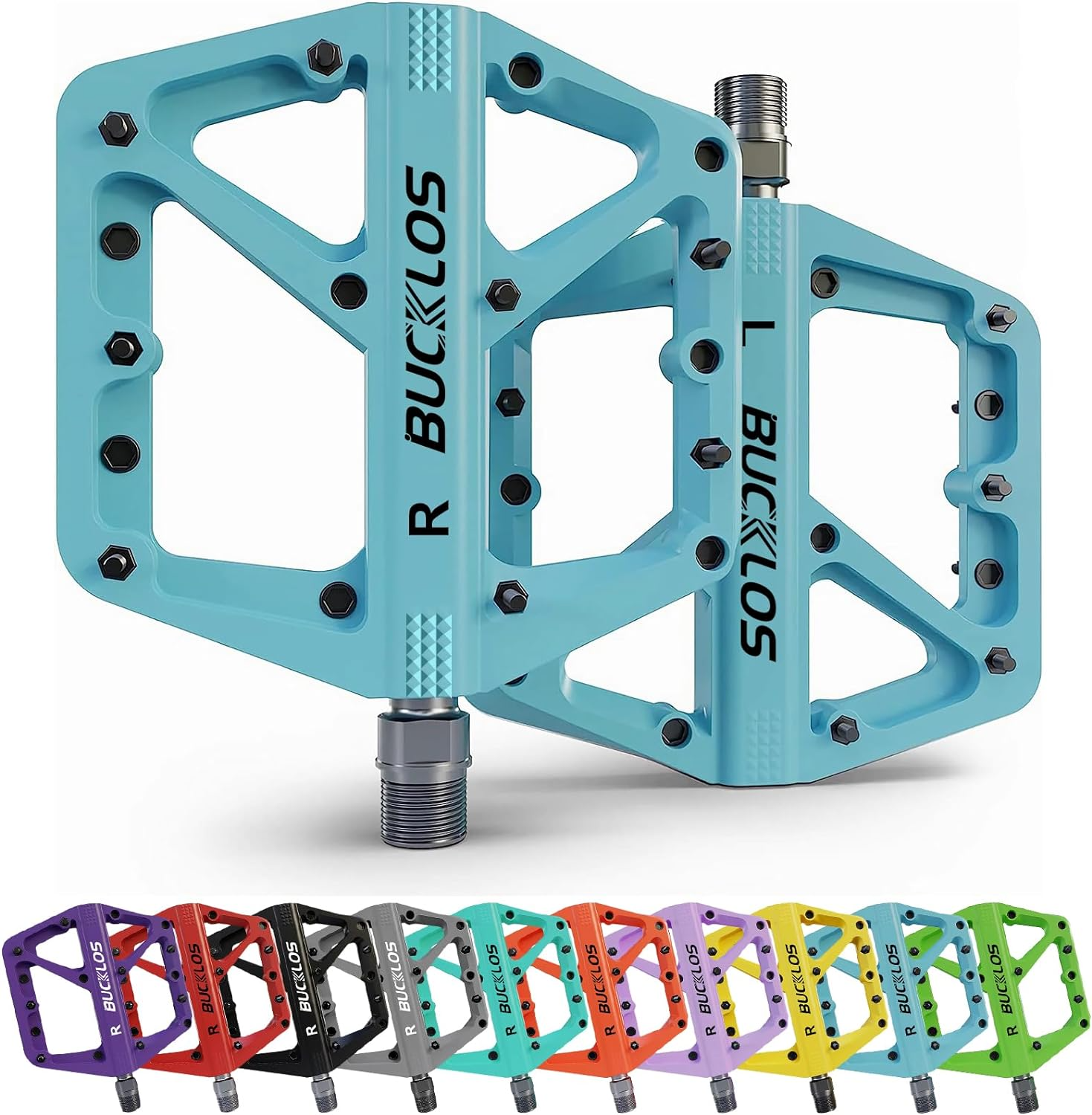 Image of a pair of turquoise Tampa Bay eBikes Bucklos cycling pedals labeled "R" and "L," showcasing an ergonomic design with a strong grip. Ten color variations are displayed below: purple, blue, red, black, orange, yellow, lime green, and light gray.