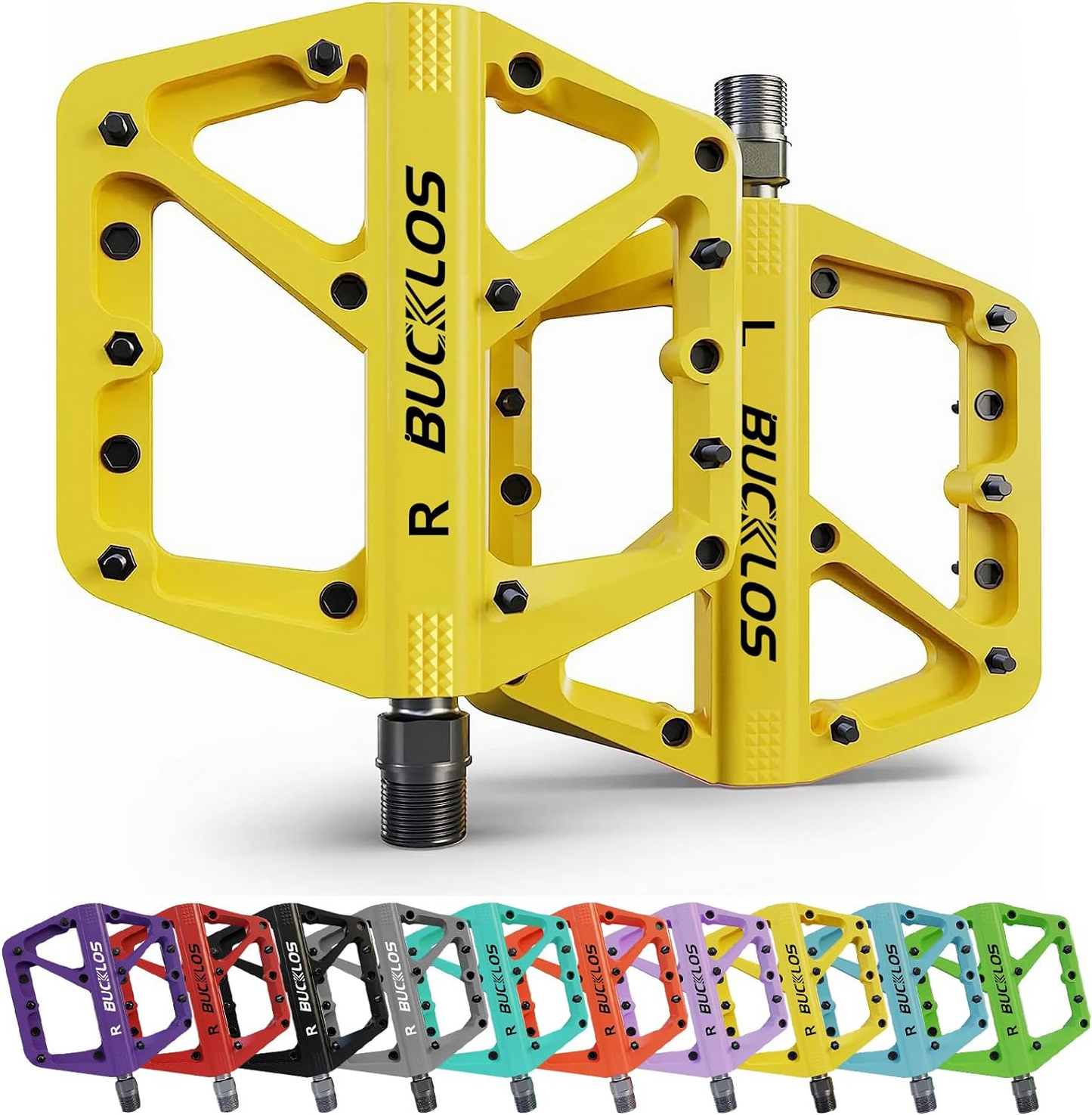 A pair of yellow cycling pedals from Tampa Bay eBikes' Bucklos line, labeled "L" and "R", featuring an ergonomic design for a strong grip. Multiple color options including red, blue, black, orange, green, light blue, pink, and purple are displayed underneath.