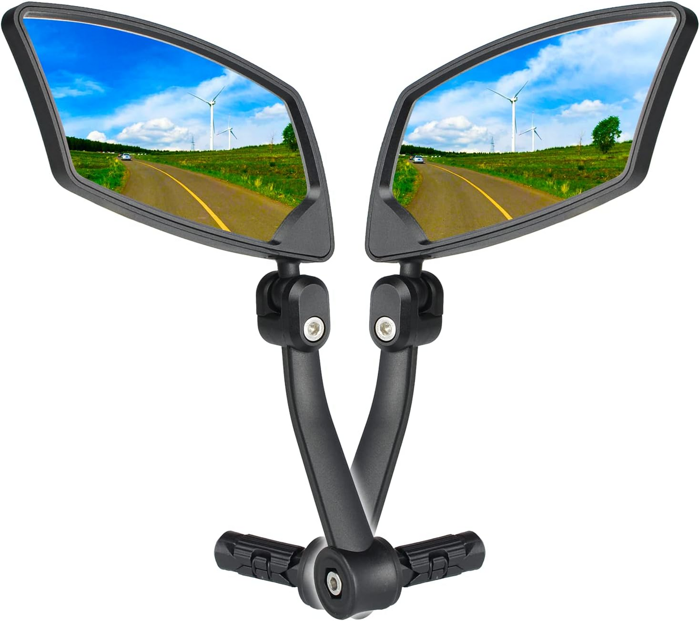 Dual motorcycle mirrors with Tampa Bay eBikes Premium Bar End Pair reflecting a scenic road with wind turbines under a blue sky.