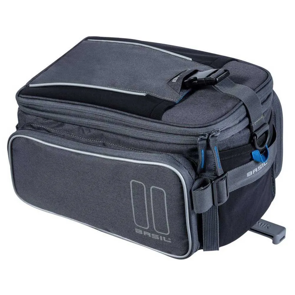 The Basil Sport Design MIK Bag in graphite and blue is a rectangular eBike rack bag with zippered compartments, reflective accents, and carrying straps. MIK compatible, this Basil bag combines style and functionality for your rides.